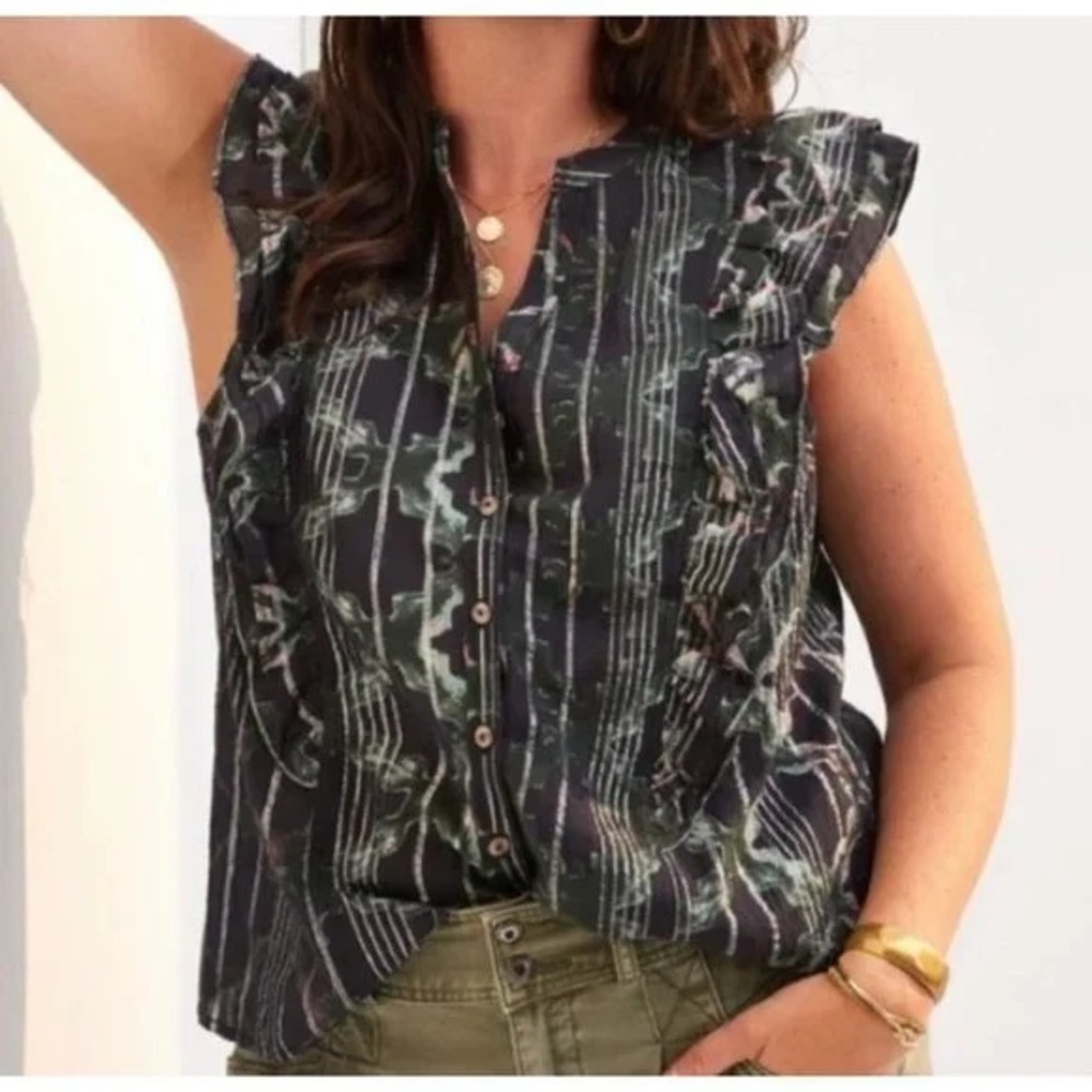 Anthropologie Black and Olive Ruffle-Sleeve Button Front Blouse